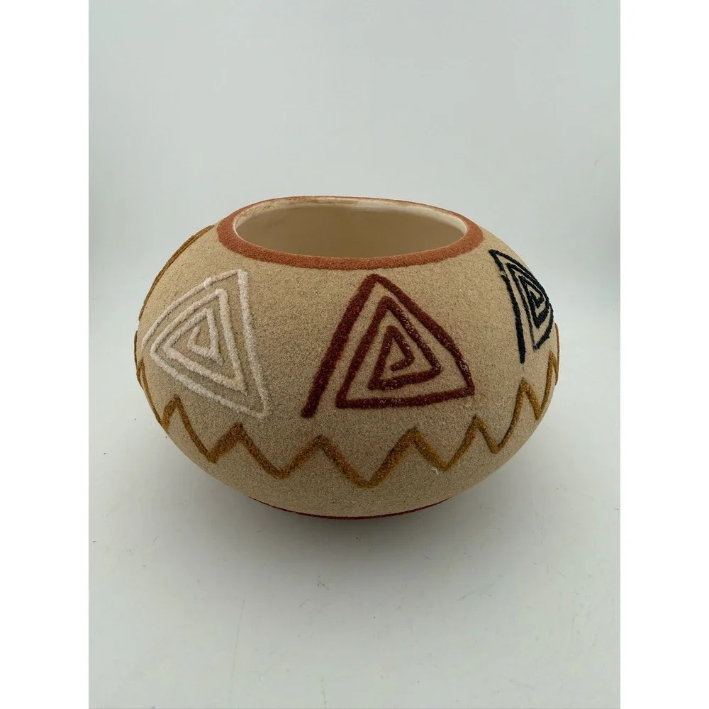 Round Ceramic Pot Decorative Bowl‎ Southwestern Tribal Geometric Design Tan